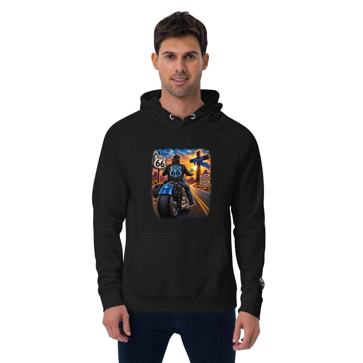 Eco raglan hoodie Route 66 black front
