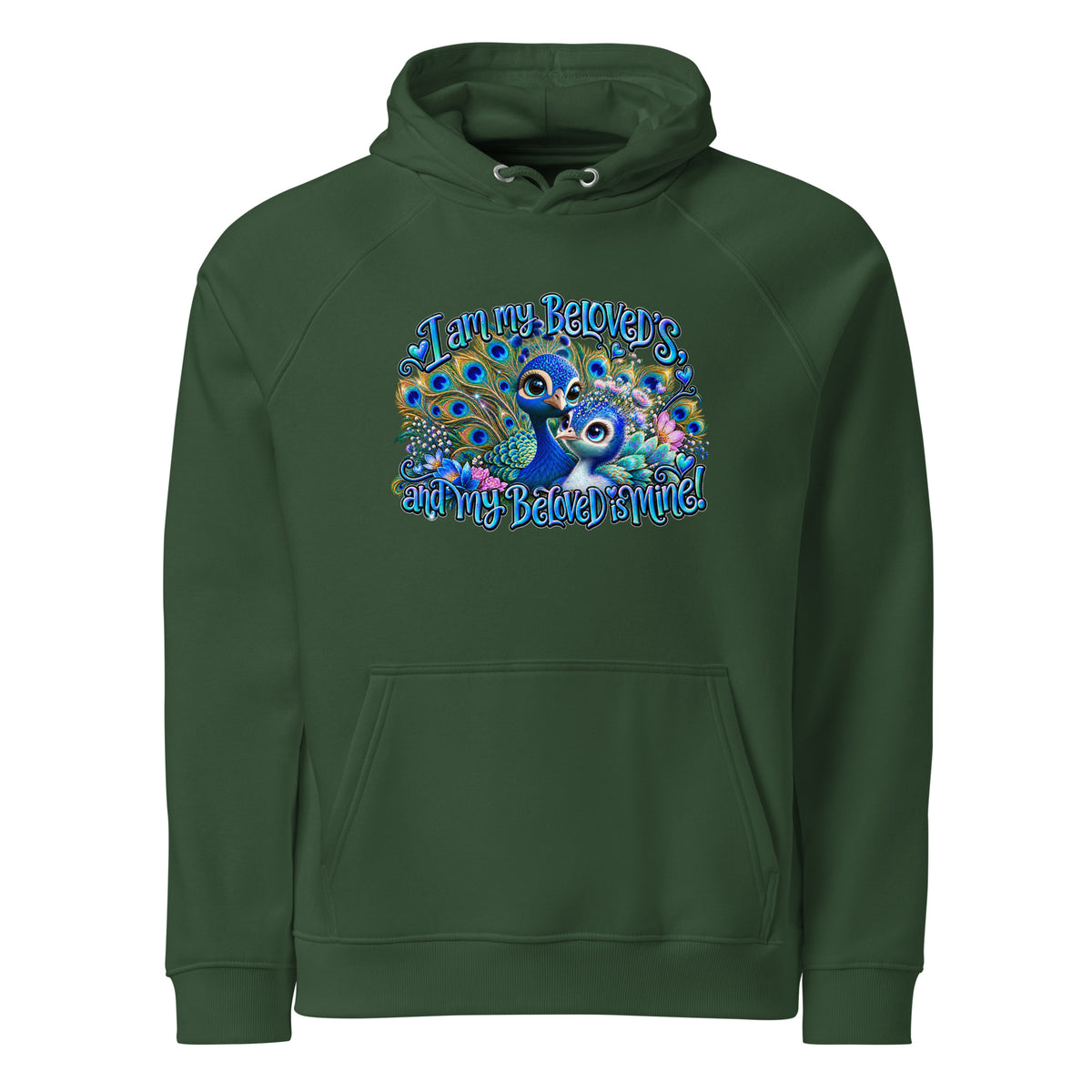 Unisex eco raglan hoodie in green featuring colorful peacock design and text: I am my Beloved's and my Beloved's mine.