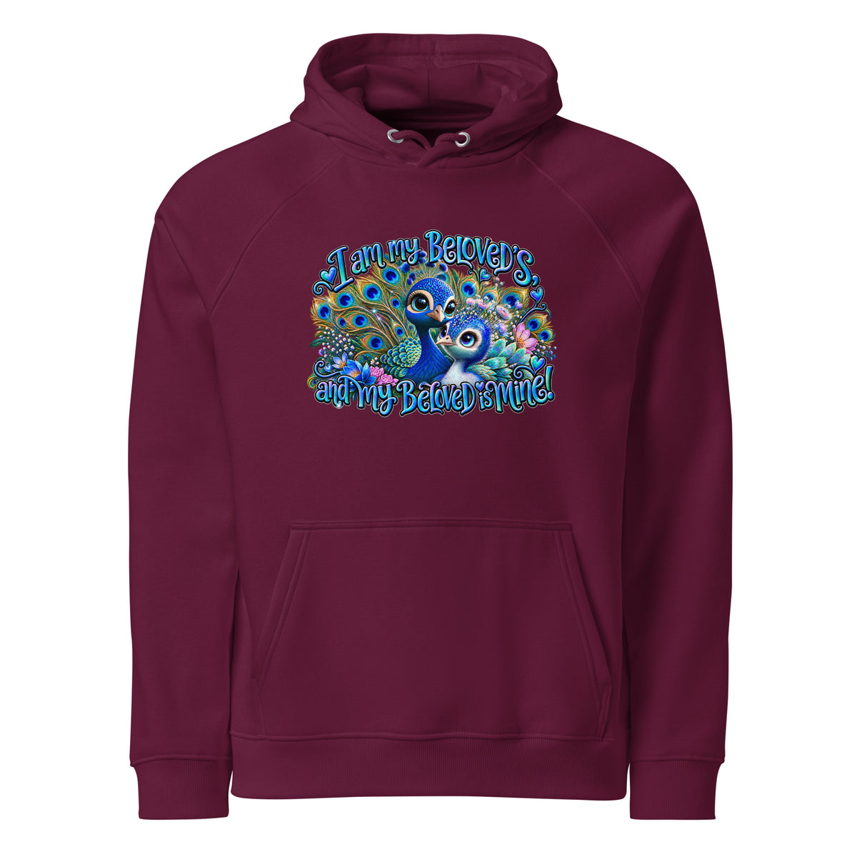 Unisex eco raglan hoodie in burgundy featuring vibrant peacock graphic and text design for stylish comfort.