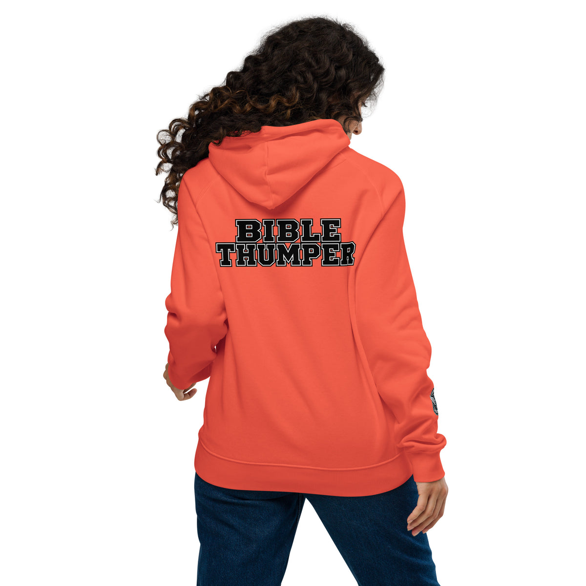 Rear view of a person wearing a Bible Thumper hoodie in vibrant orange, showcasing the distinctive design.