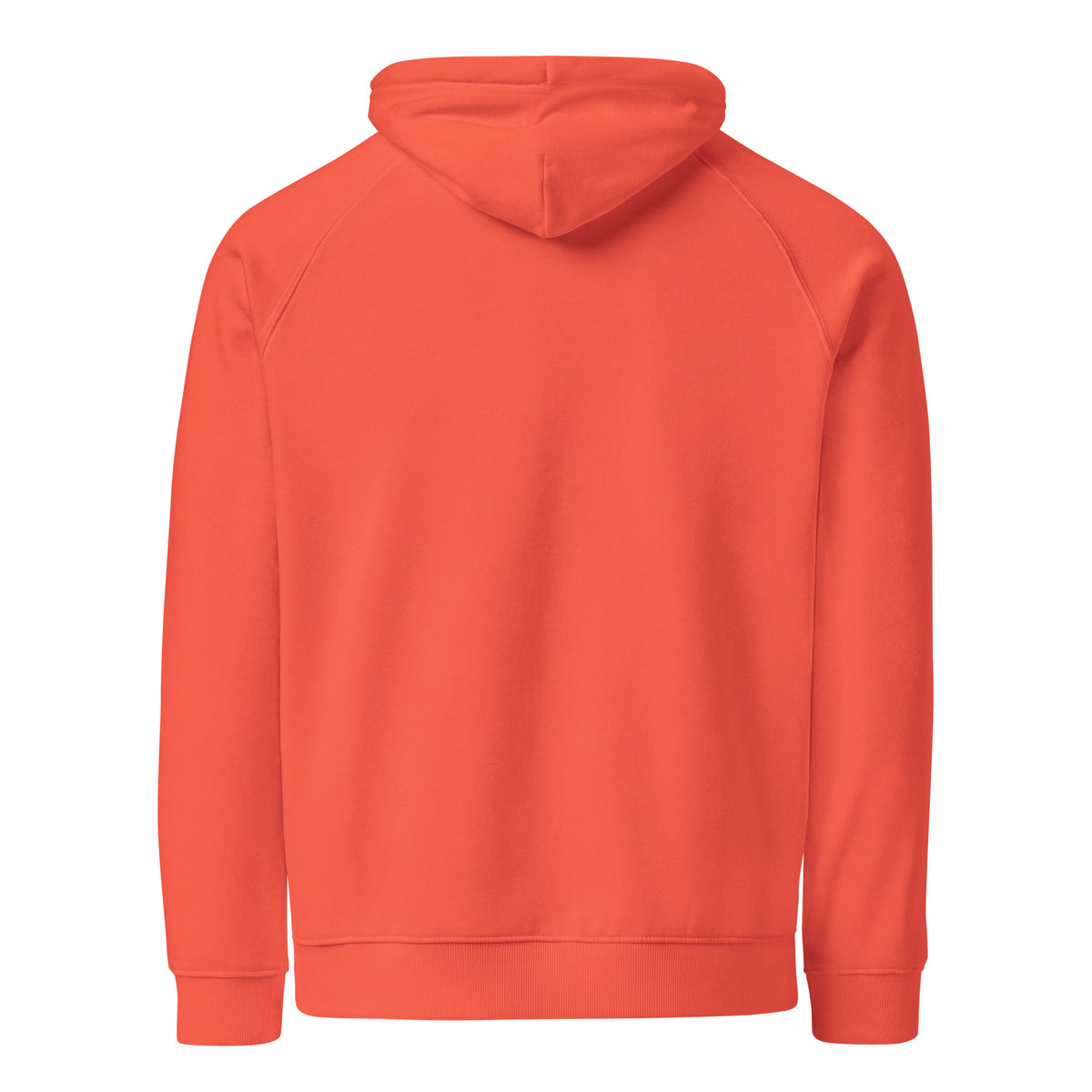 Unisex eco raglan hoodie in vibrant orange with colorful peacock design and 'Family, Recovery, and My Beloved' text.