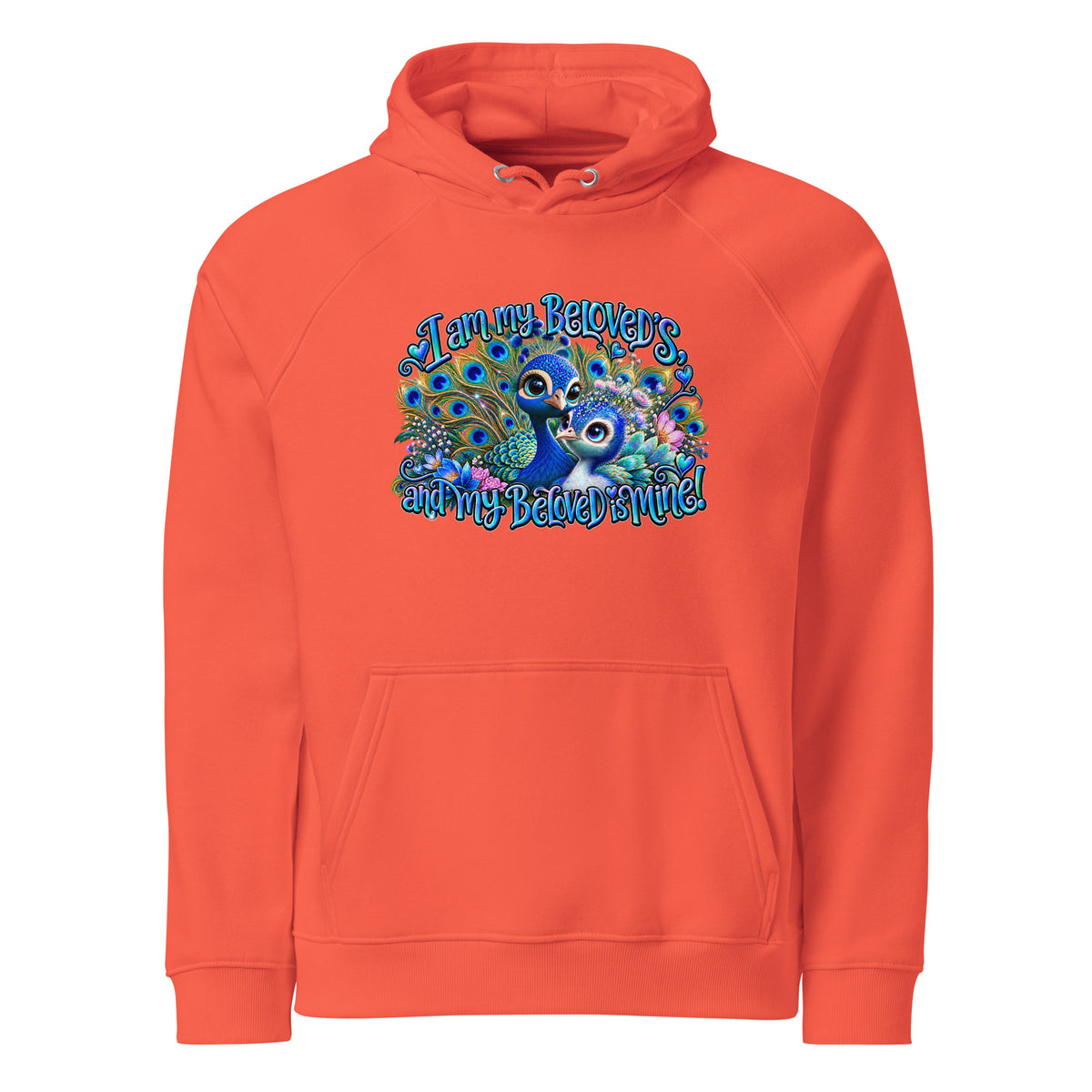 Unisex eco raglan hoodie in vibrant orange with colorful peacock design and 'Family, Recovery, and My Beloved' text.