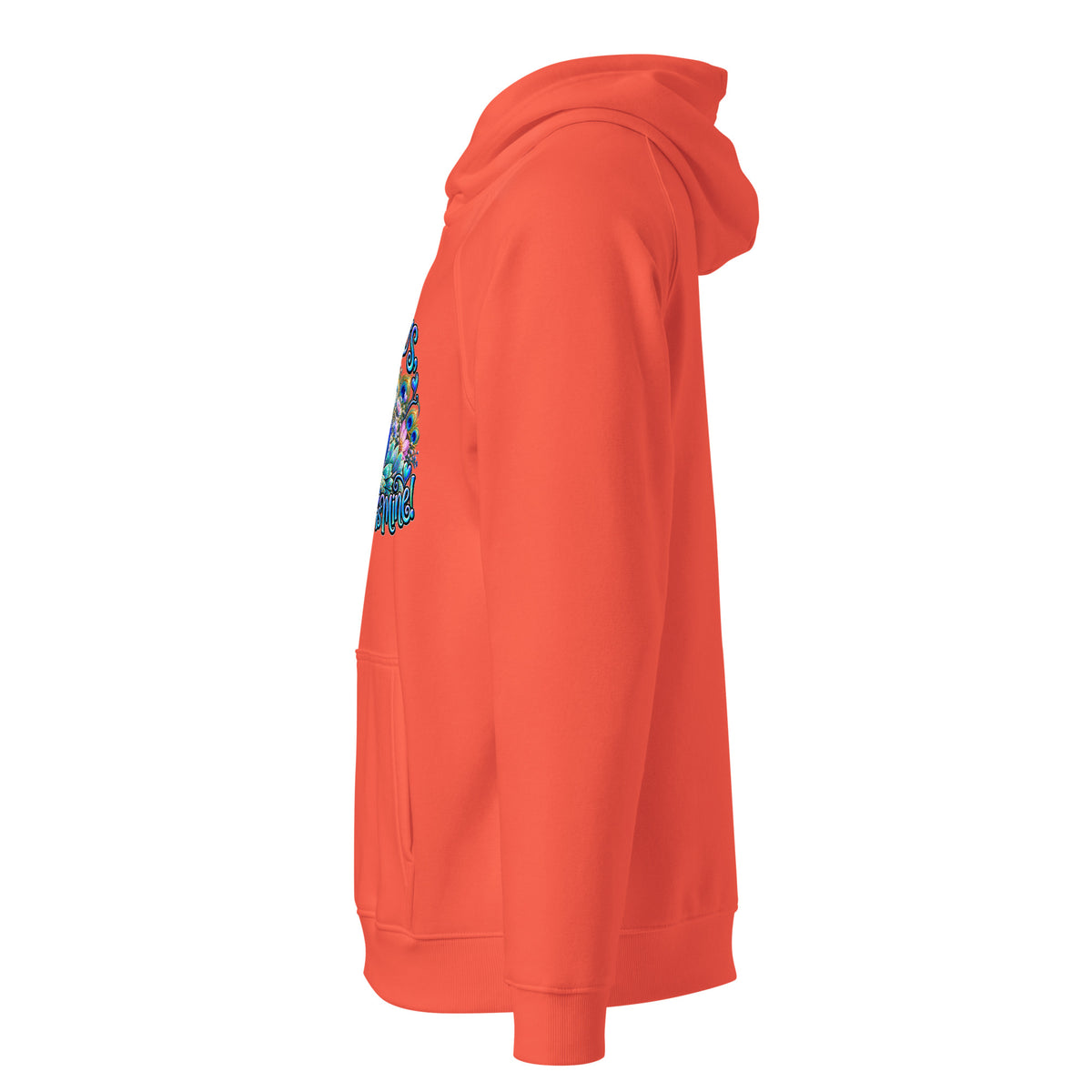Unisex eco raglan hoodie in vibrant orange with colorful peacock design and 'Family, Recovery, and My Beloved' text.
