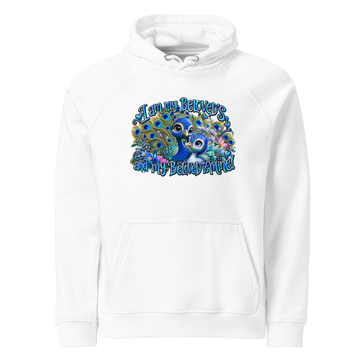Product Unisex eco raglan hoodie in vibrant orange with colorful peacock design and 'Family, Recovery, and My Beloved' text.