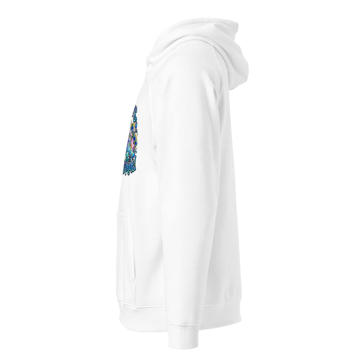 Unisex eco raglan hoodie in vibrant orange with colorful peacock design and 'Family, Recovery, and My Beloved' text.