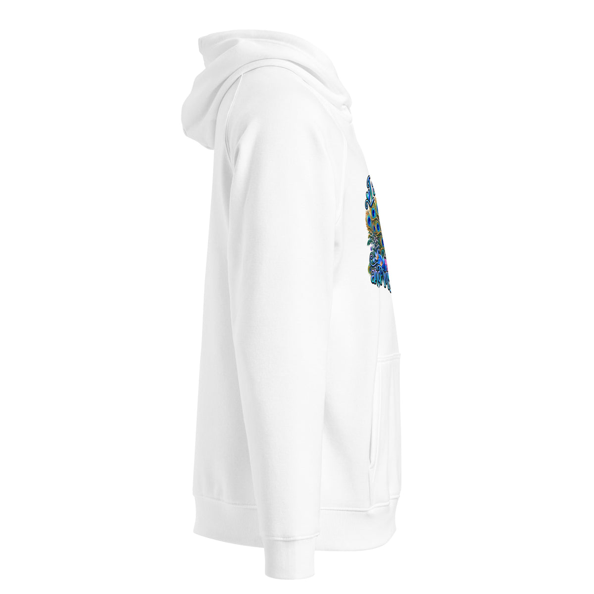 Unisex eco raglan hoodie in vibrant orange with colorful peacock design and 'Family, Recovery, and My Beloved' text.